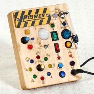 Joyreal Montessori Sensory Toys, Square-Shaped Wooden Busy Board with LED Light Up Switches, Portable Learning Kids Toys,Christmas Gifts Ideas
